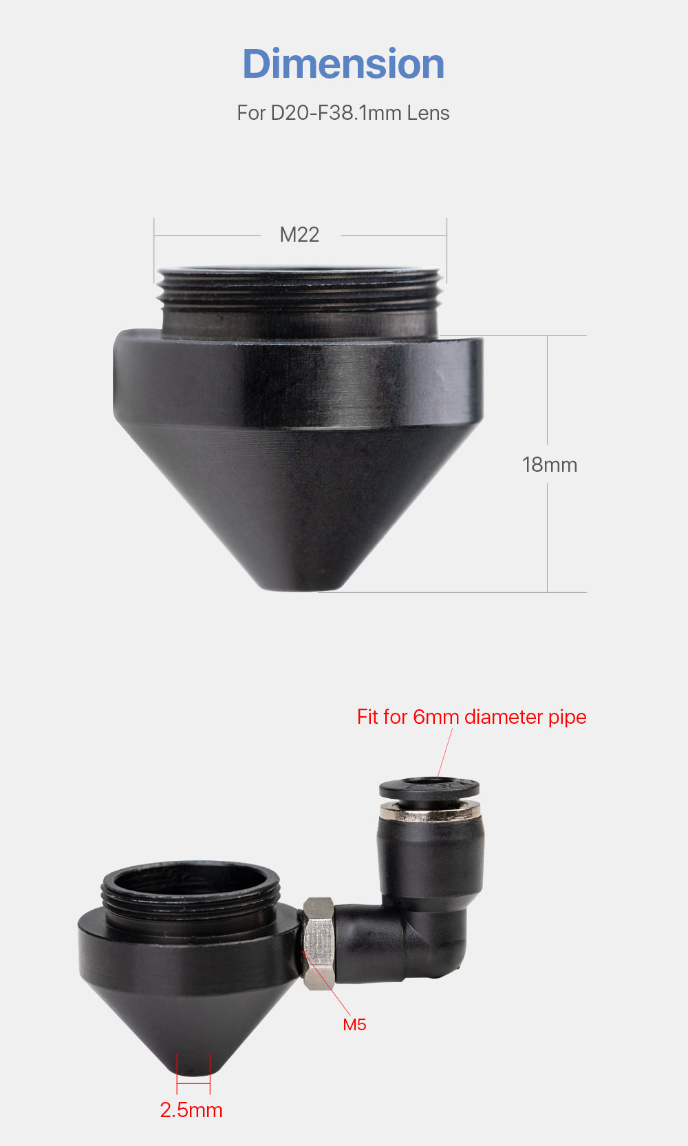Nozzle N01 Short Laser Nozzle With Air Fitting dimensions for D20-F38.1mm lens including M22 and M5 fittings.