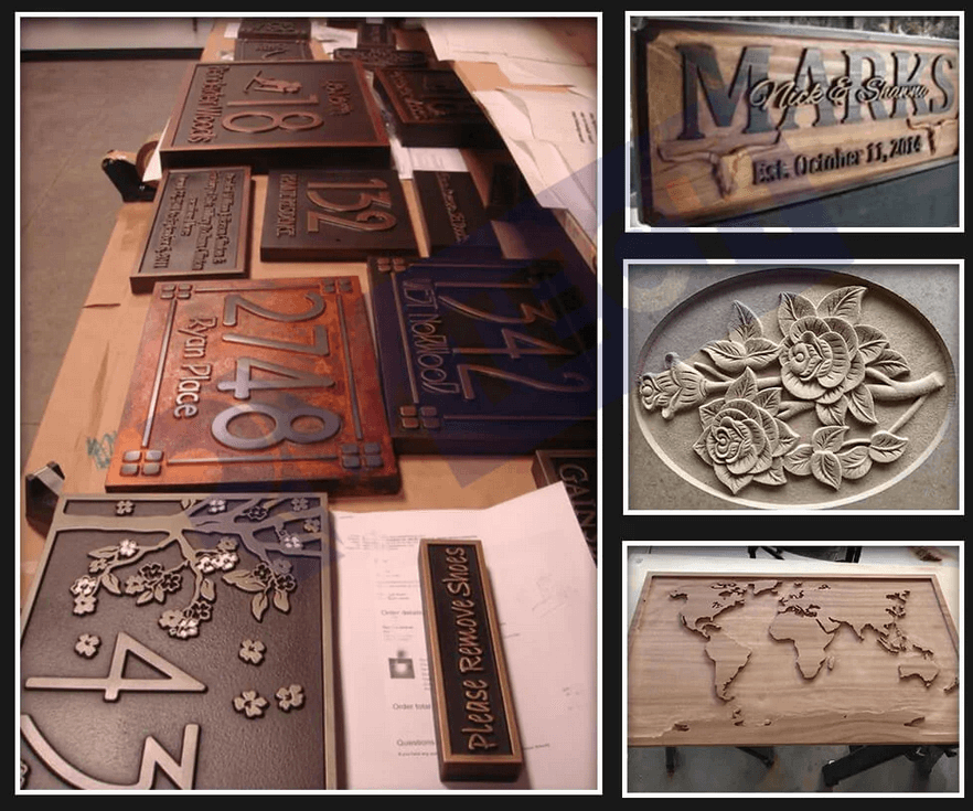 Various engraved wooden and metal signs showcasing house numbers, floral designs, and personalized plaques.