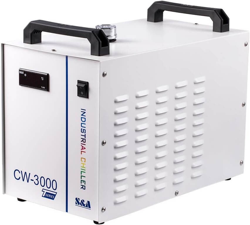 S&A CW-3000 industrial chiller with digital display and dual handles for easy transport.