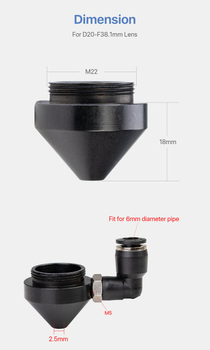 Nozzle N01 Short Laser Nozzle With Air Fitting dimensions for D20-F38.1mm lens including M22 and M5 fittings.