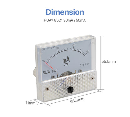 Ammeter Analog Amp Panel 30mA HUA 85C1 dimensions with measurement indicators.