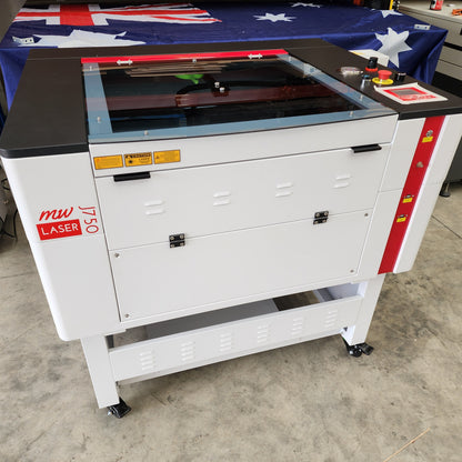 J750 Laser Machine 90-100W RECI T2 700x500mm shown in MW Laser Australia workshop.