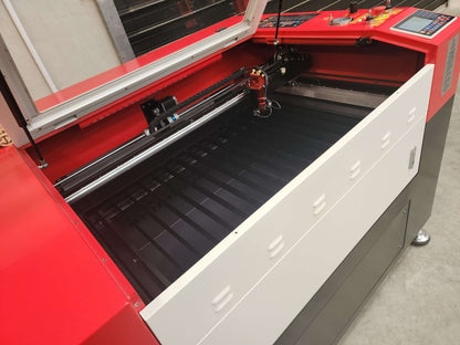 R960 Laser Machine 100W RECI W2 interior view showcasing the laser engraving bed and control panel.
