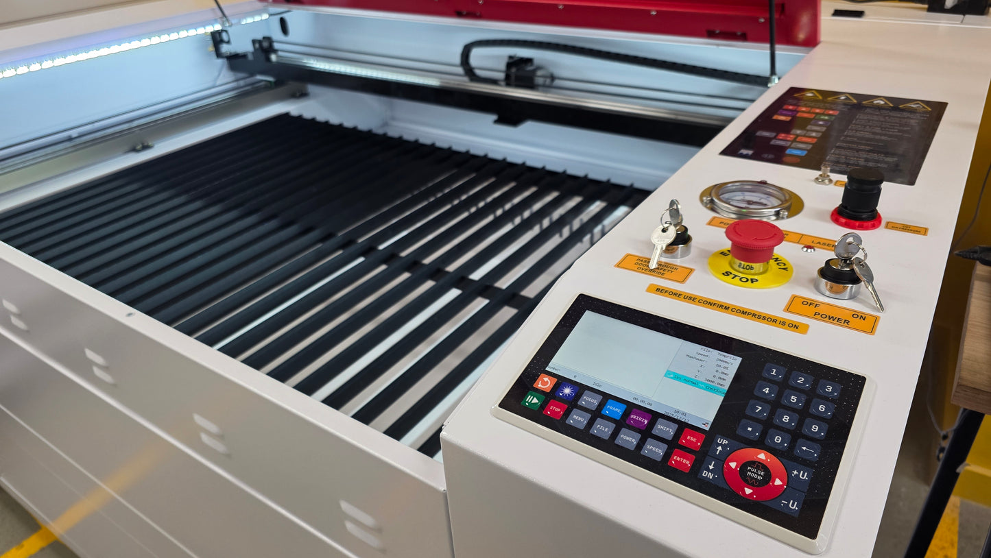 R1390 Laser Machine RECI W4 control panel and work area, designed for precision cutting and engraving.