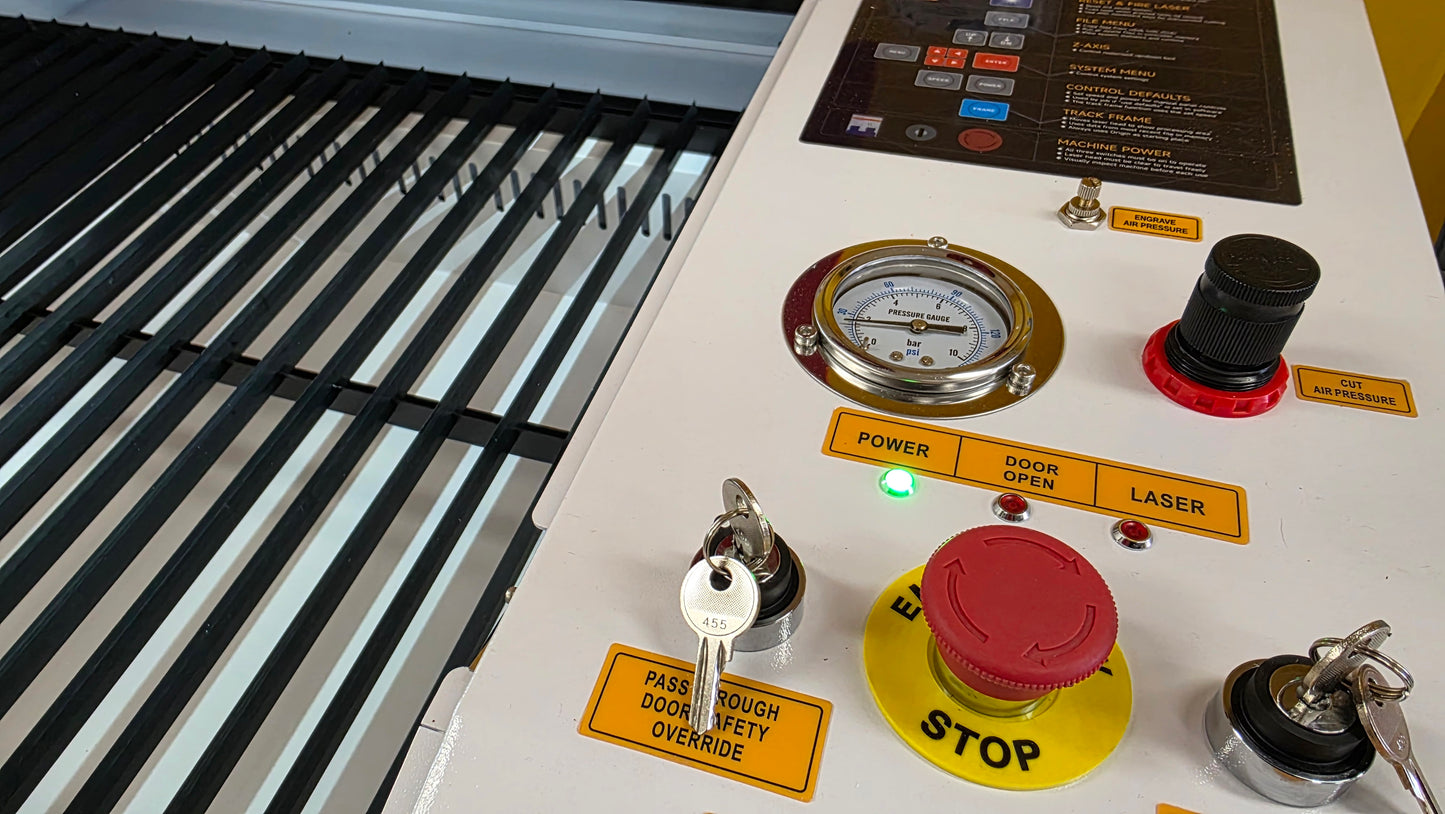 Control panel of R1390 Laser Machine RECI W4 with buttons, gauges, and safety features for precise operations.