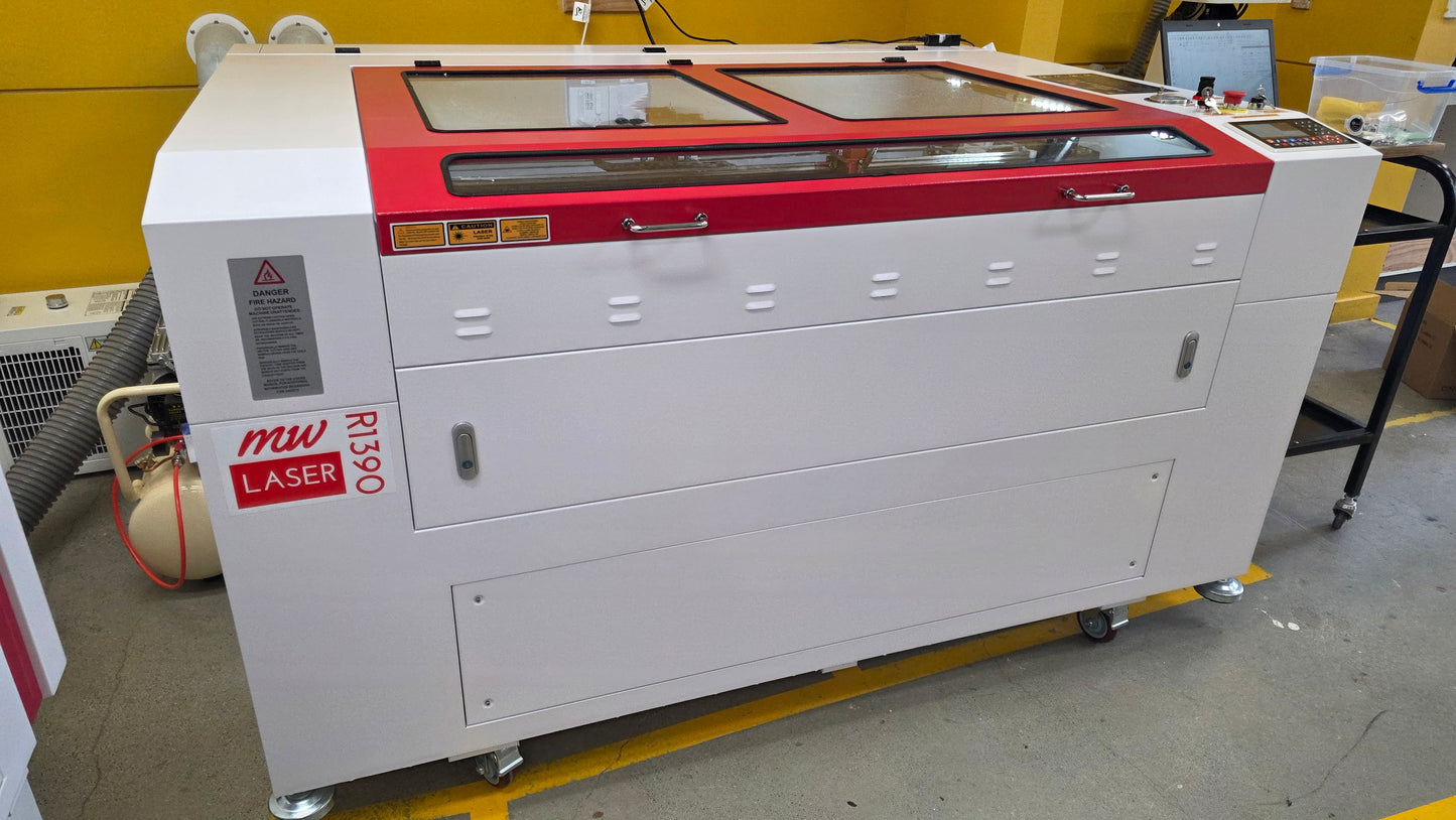 R1390 Laser Machine RECI W4, a fully enclosed laser cutter and engraver, showcasing its robust design and functionality.