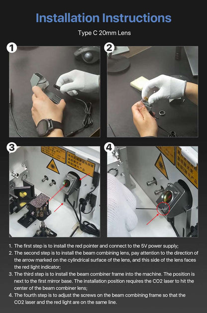 Installation instructions for Laser Beam Combiner Set C For Co2 Laser, detailing steps for lens setup and adjustment.