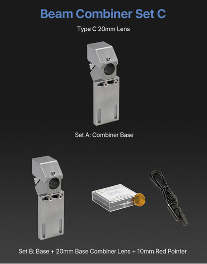 Laser Beam Combiner Set C For Co2 Laser including 20mm lens, combiner base, and red pointer for laser machines.