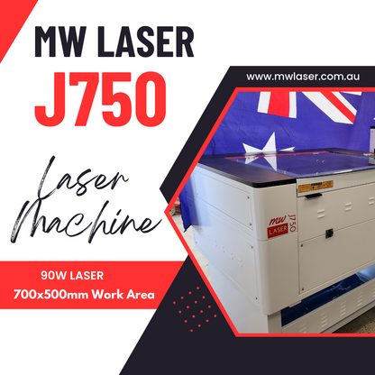 J750 Laser Machine 90-100W RECI T2 700x500mm with Australian flag backdrop and specifications.