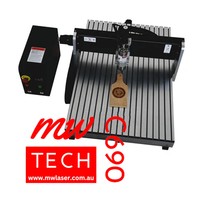 MW Tech C690 CNC Milling Machine with alloy slotted table and water cooled spindle cutting wood.