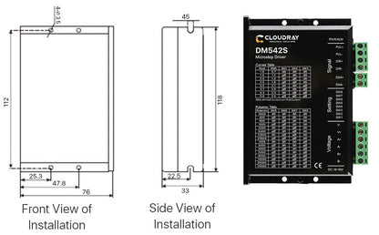 Digital Stepper Driver DM542 installation dimensions front and side view illustration.
