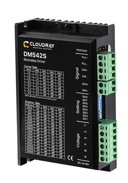 Digital Stepper Driver DM542 - Cloudray microstep driver with detailed settings and signal connections.