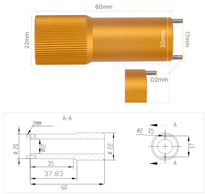 Laser Lens Mirror Removal Tool for K Series with detailed dimensions and specifications.