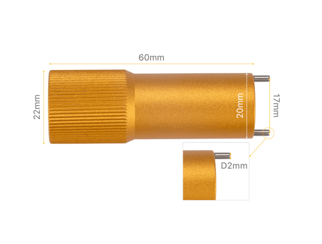 Laser Lens Mirror Removal Tool dimensions with measurements of 60mm length and 22mm diameter in gold color.