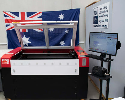 MW-R1610 Laser Machine with open lid, Australian flag backdrop, and control monitor.
