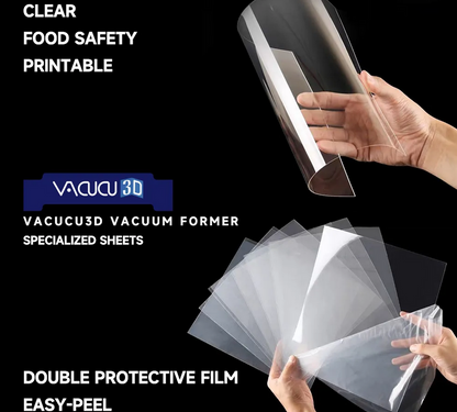 A3 Vacuum Forming Machine specialized sheets shown, including clear food safety printable and easy-peel options.