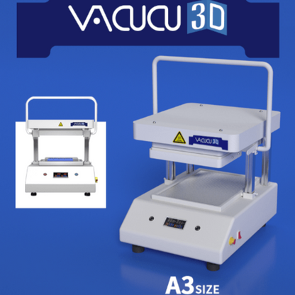 A3 Vacuum Forming Machine by VACUCU3D showcasing desktop design and A3 size specifications.