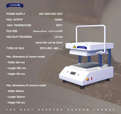 A3 Vacuum Forming Machine by VACUCU3D showing specifications and dimensions for desktop vacuum forming.