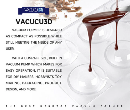 A3 Vacuum Forming Machine by VACUCU3D with chocolate pouring into a mold, highlighting compact design and easy operation.