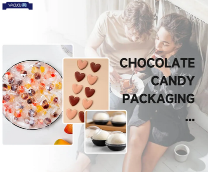 A3 Vacuum Forming Machine Chocolate candy packaging featuring various molds and candies enjoyed by a couple.