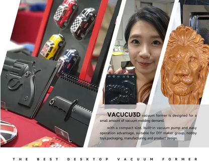 A3 Vacuum Forming Machine VACUCU3D showcasing molded prototypes and user for DIY project applications.